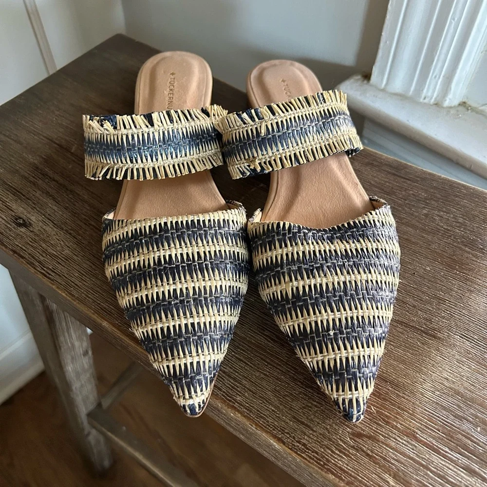 TUCKERNUCK SHOES Women Midnight Raffia Cara Mules Pointed Toe Striped Handmade